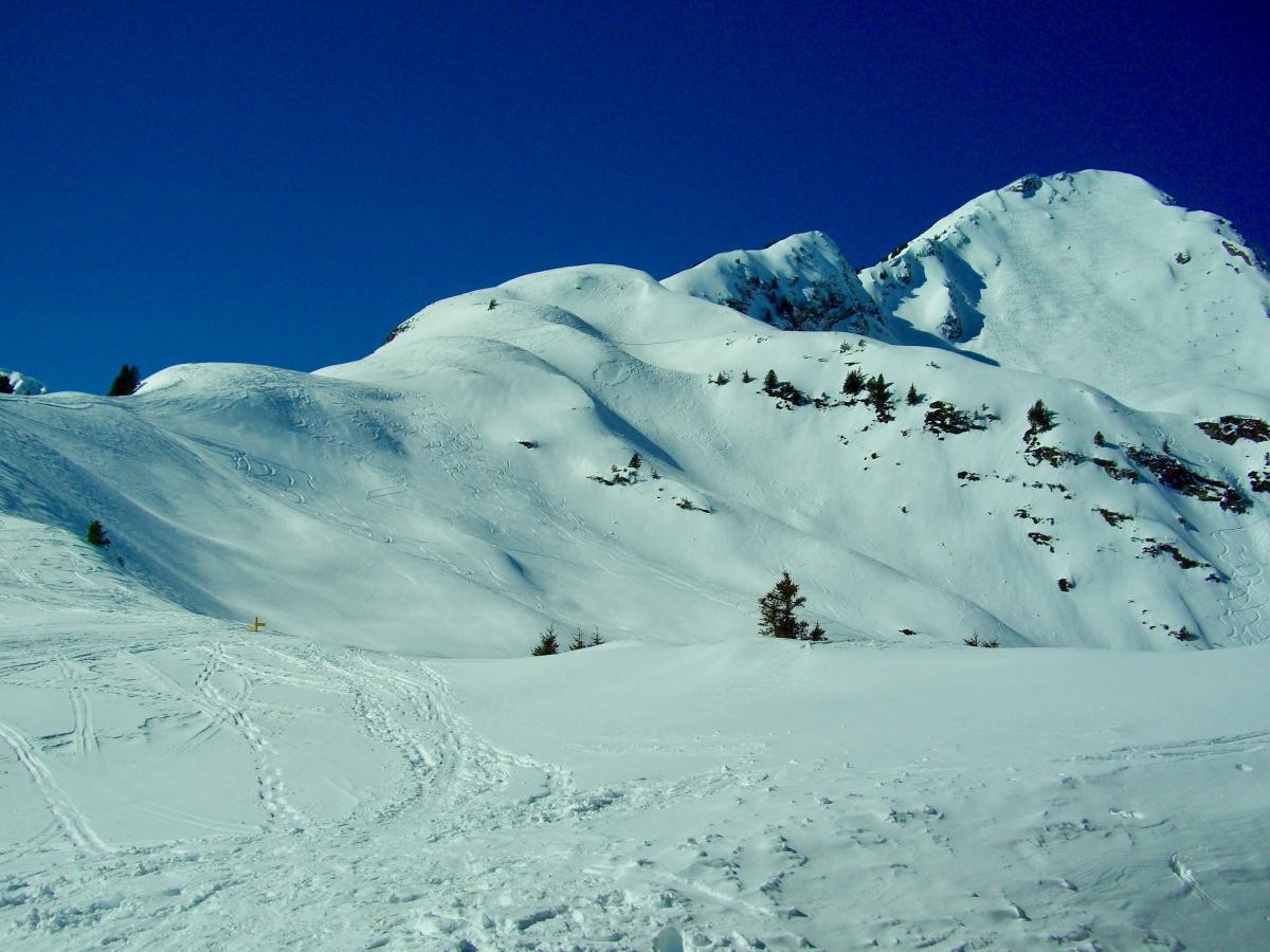 Du petit chalet d'alpage : la Légette du Mirantin et la croupe enneigée menant à Côte 2000 et au-delà
