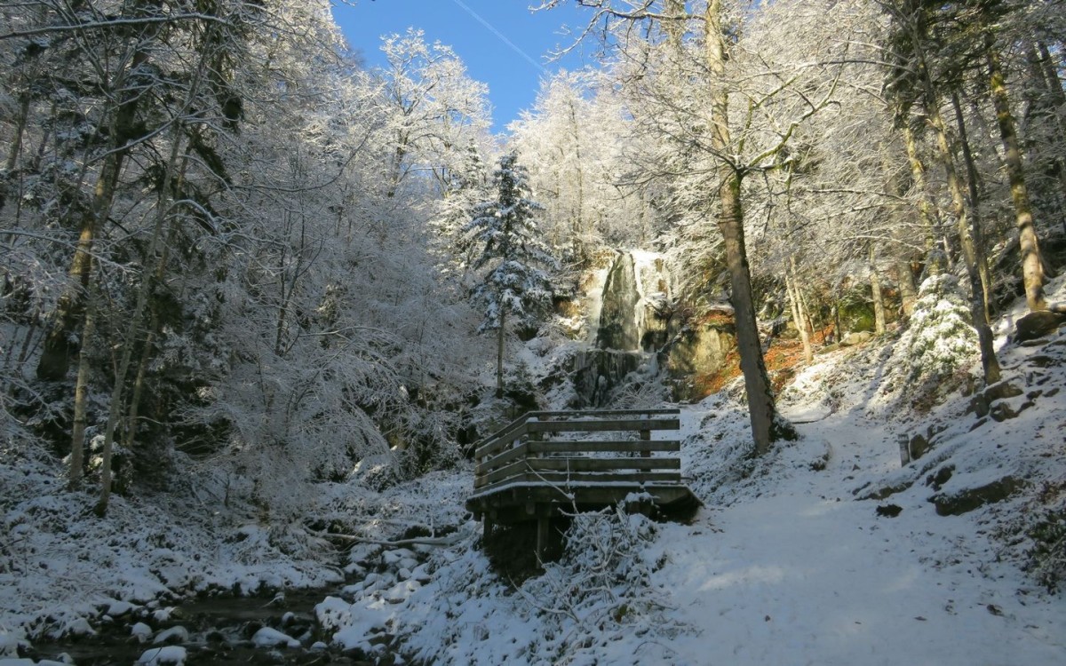 La Cascade de l'Andlau et son belvédère en conditions hivernales.