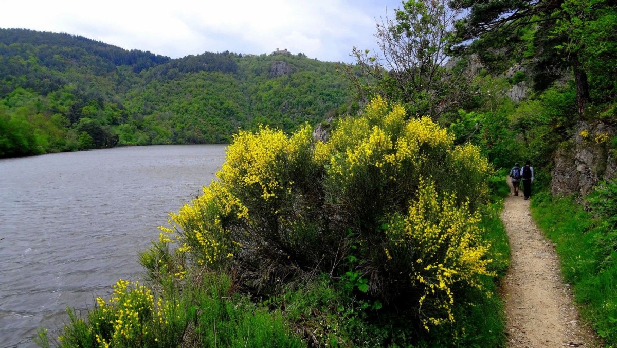 En longeant le lac de retenue, Chambles au sommet de la colline