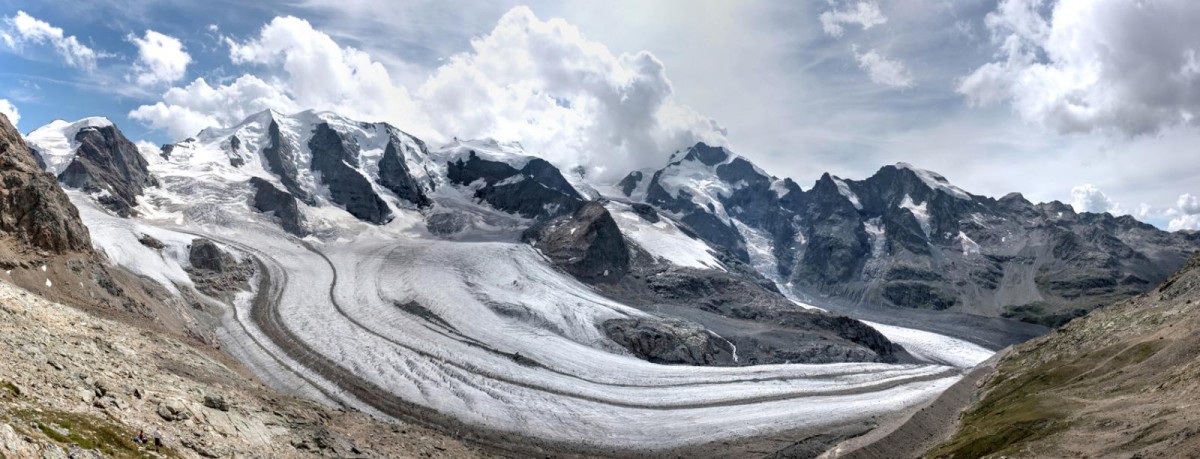 Vue sur le cirque Palu, Bellavista, Bernina, le plus oriental des 4000 des Alpes.
