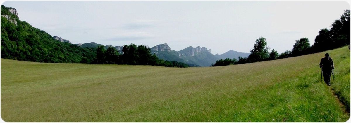 Au-delà du Col des Marchands, les Rochers des Deux Soeurs, le Roi Gros Nez et Pierre Chauve pointent leurs cimes.