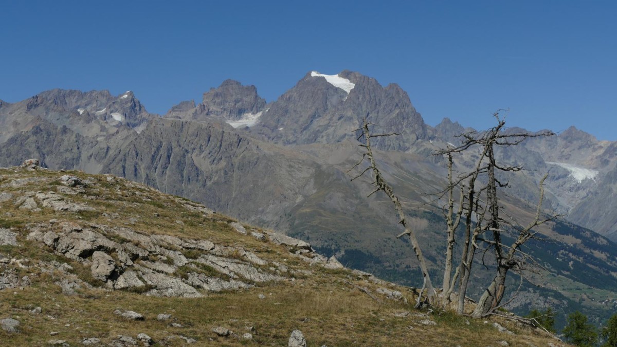 Glacier Blanc, Pelvoux, Pic Sans Nom, Ailefroide, vus depuis le plateau sommital des Têtes.