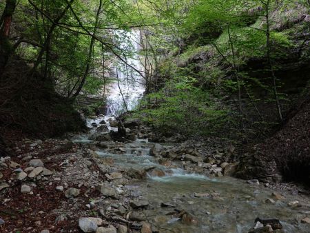 S’approcher de la cascade nécessiterait de se mouiller les pieds.