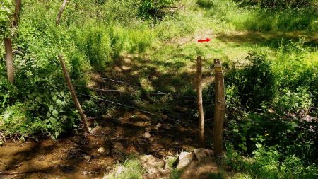 Franchir la clôture et le ruisseau et monter à droite.