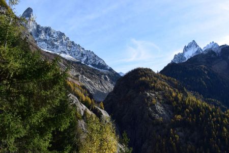 En montant vers le Chapeau, un premier aperçu du paysage entre les arbres.