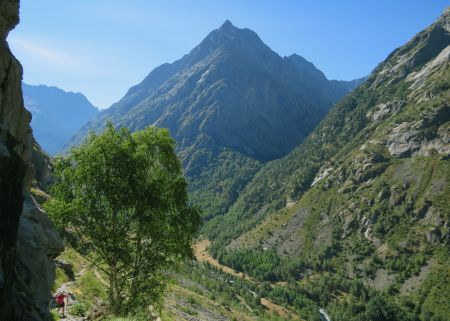 Avec le recul et la hauteur, la Grande Aiguille de la Bérarde n’est plus masquée par son arête nord-ouest. Elle domine le Vallon des Étages (à sa droite) et la Vallée du Vénéon.