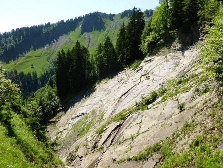 Une énorme dalle à contre-bas du sentier.