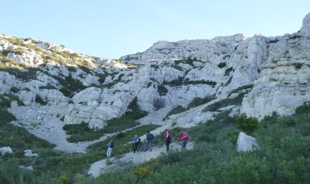 Laisser le sentier balisé en pointillés rouges (chemin du Centaure) et partir plein Est dans la combe au dessus