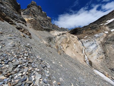 La sente vue du haut de la moraine. vue élargie