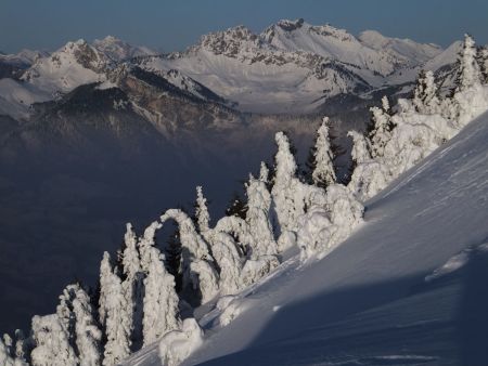 La pointe de Chalune et le Roc d’Enfer, et au loin les Cornettes de Bise et le Mont de Grange.