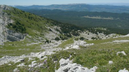 Dernier regard sur ma montée dans la bande verte, on aperçoit le Gouffre Myotis et la cuvette du Grand Pot.