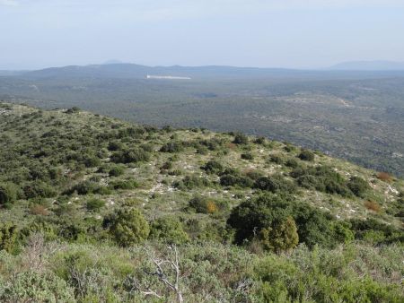 Vue en arrière sur la crête de la Pallière et les collines de Pourrières.