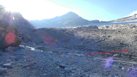 Traversée du torrent : Point à partir duquel mon itinéraire bifurque à droite (flèche rouge), délaissant la sente qui remonte la pente en face (flèche bleue).