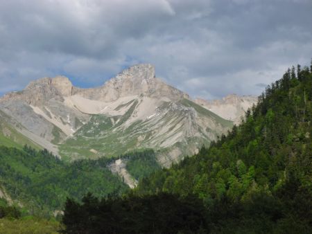 Le Rocher Rond et le cirque du Fleyrard. La crête des Penas au milieu droit et le col des Glandus à gauche des sapins.