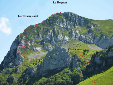 Le Rognon - arête nord-ouest : tracé d’ensemble de l’itinéraire