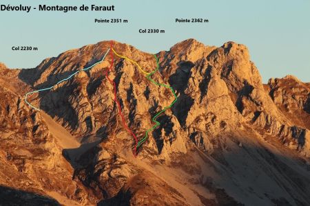 Inventaire des itinéraires connus dans ce versant ouest de la Pointe 2351, de la montagne de Faraut