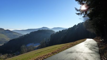 Allez ! On reprend la route. Regard arrière vers le banc à droite.